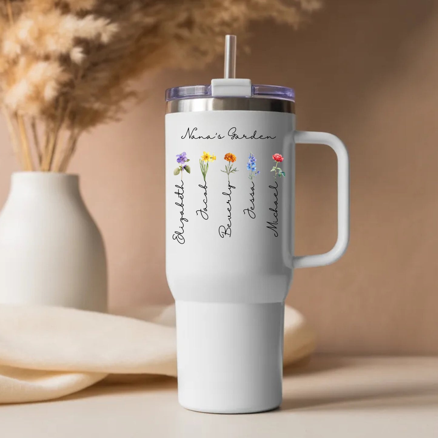 Birth Month Flower with Kid's Names 40oz Mom Tumbler, Mother's Day Gift