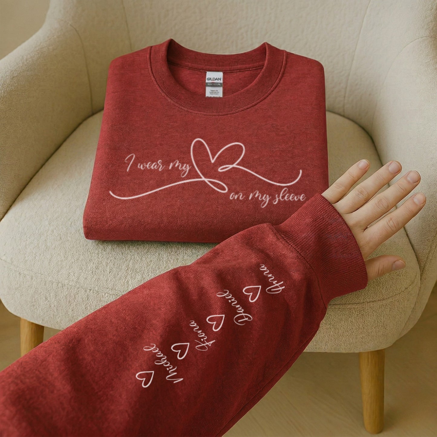 Personalized Mom Sweatshirt: Heart On My Sleeve, Names Gift