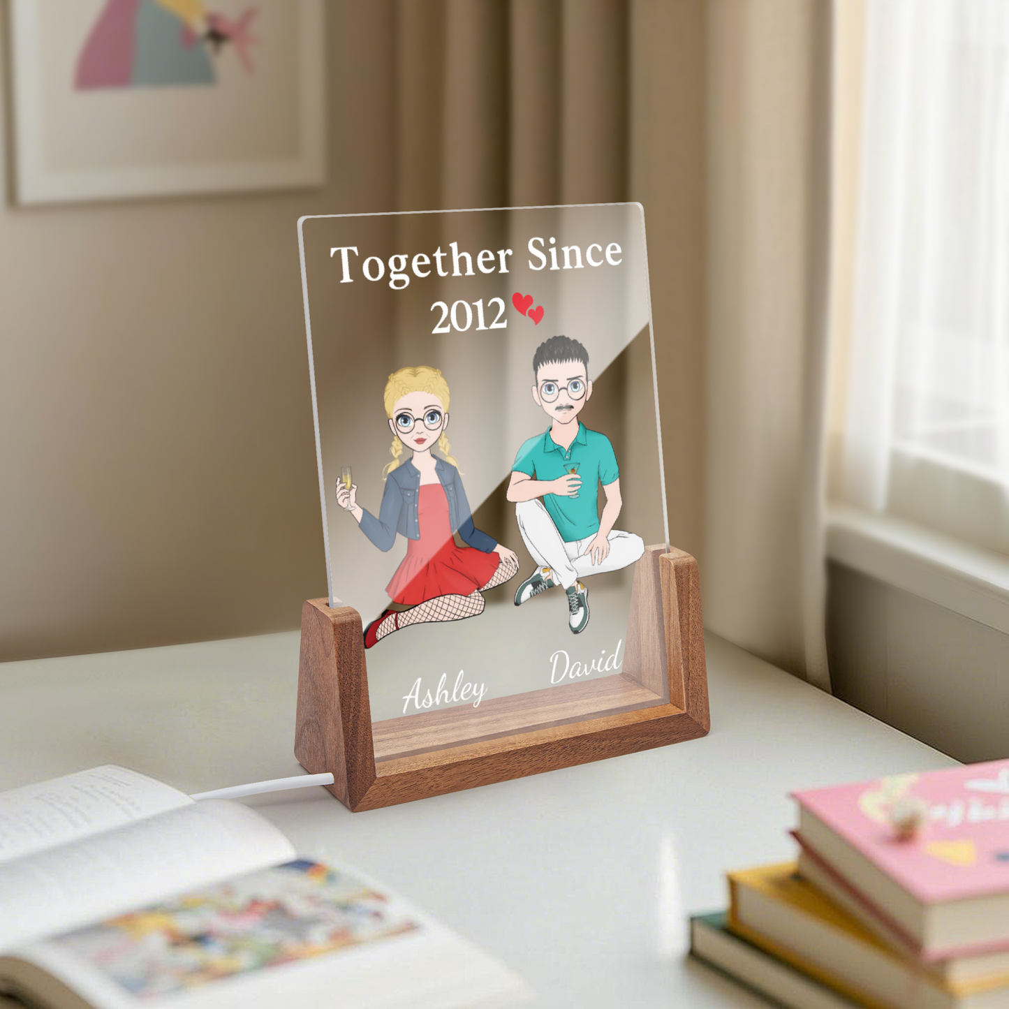Together Since Couple Sitting - Personalized 3D Led Light Wooden Base - Valentine's Day Gift For Him/Her