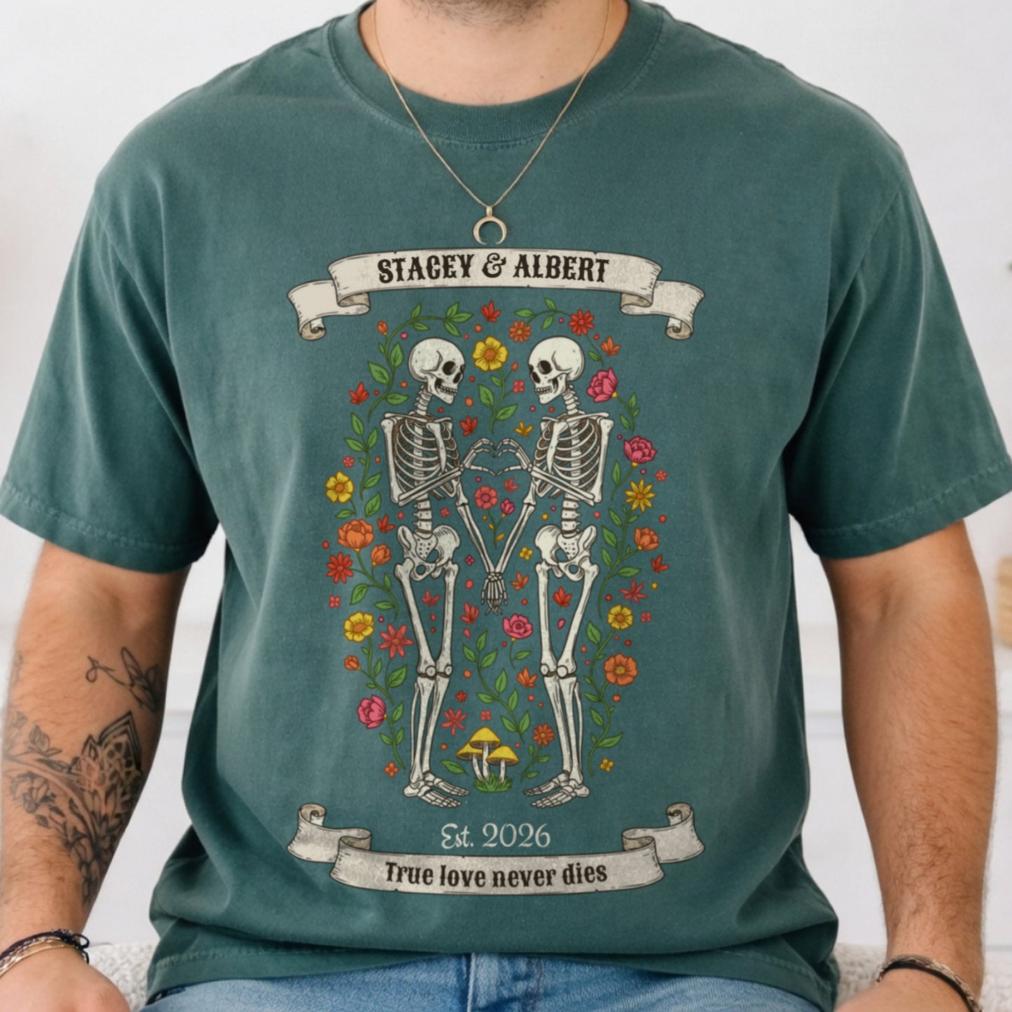 Personalized True Love Never Dies Halloween Skeleton Shirt | Custom Couple Spooky Tee