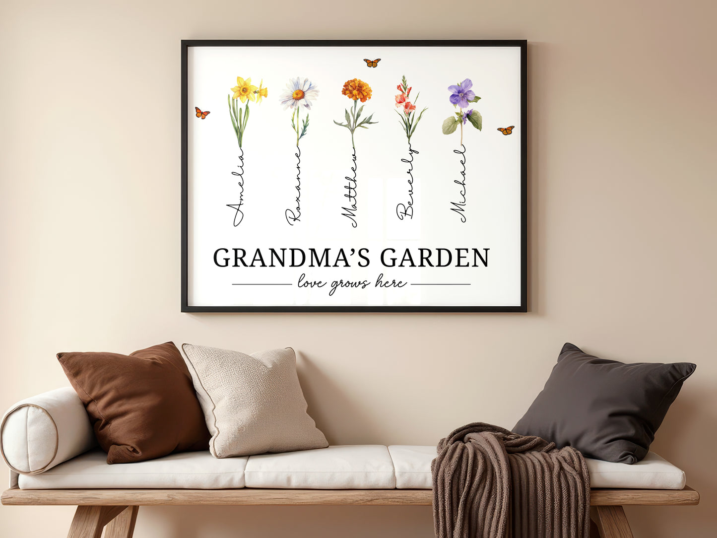 Mother's Garden Love Grows Here Watercolor Birth Month Flower - Personalized Poster/Canvas Prints - Gift For Grandma, Mom