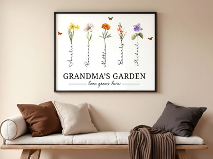 Mother's Garden Love Grows Here Watercolor Birth Month Flower - Personalized Poster/Canvas Prints - Gift For Grandma, Mom