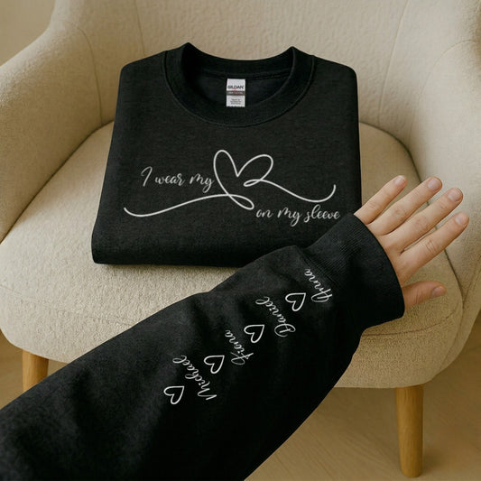 Personalized Mom Sweatshirt: Heart On My Sleeve, Names Gift