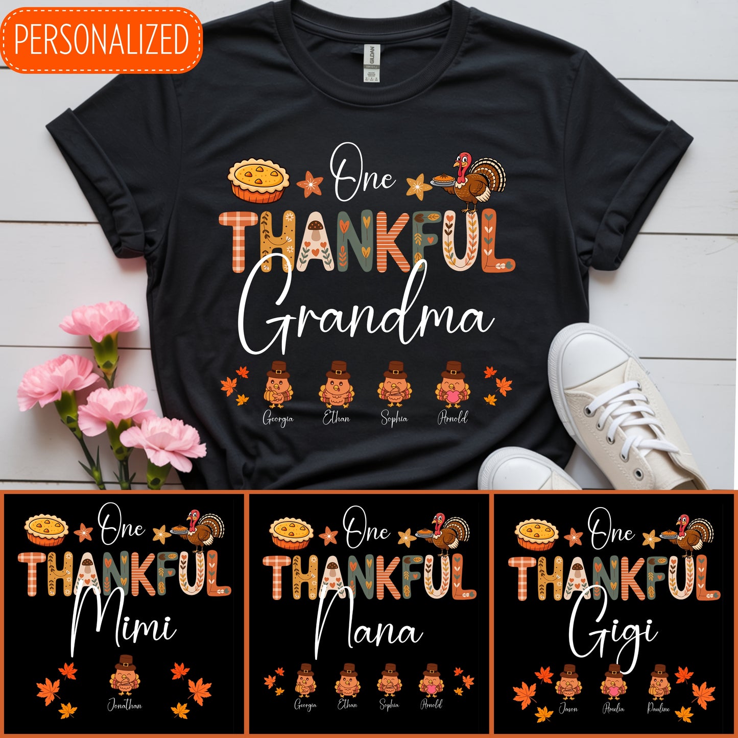 One Thankful Grandma Little Turkeys - Personalized Custom T Shirt - Thanksgiving, Birthday, Loving, Funny Gift for Grandma/Grandparent - Up to 10 Kids