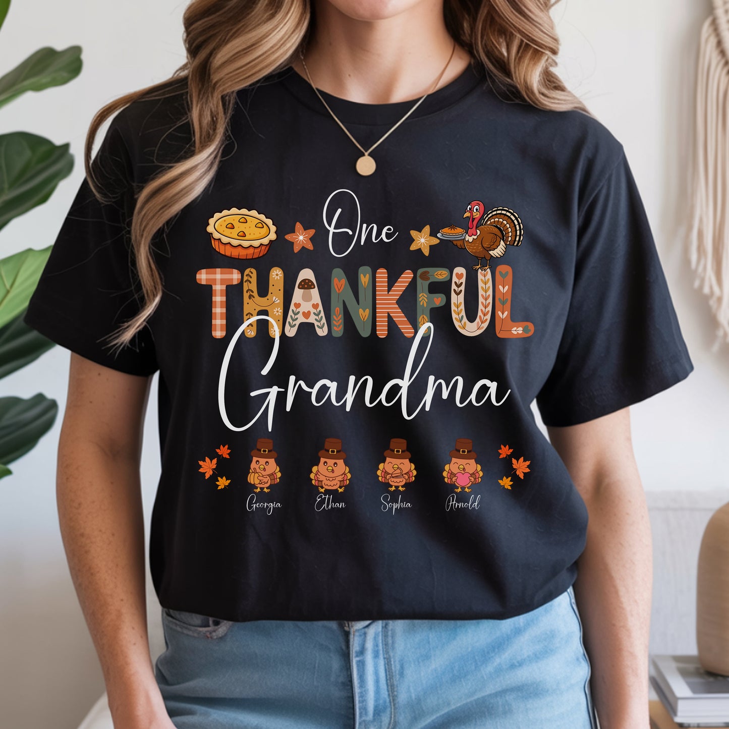 One Thankful Grandma Little Turkeys - Personalized Custom T Shirt - Thanksgiving, Birthday, Loving, Funny Gift for Grandma/Grandparent - Up to 10 Kids