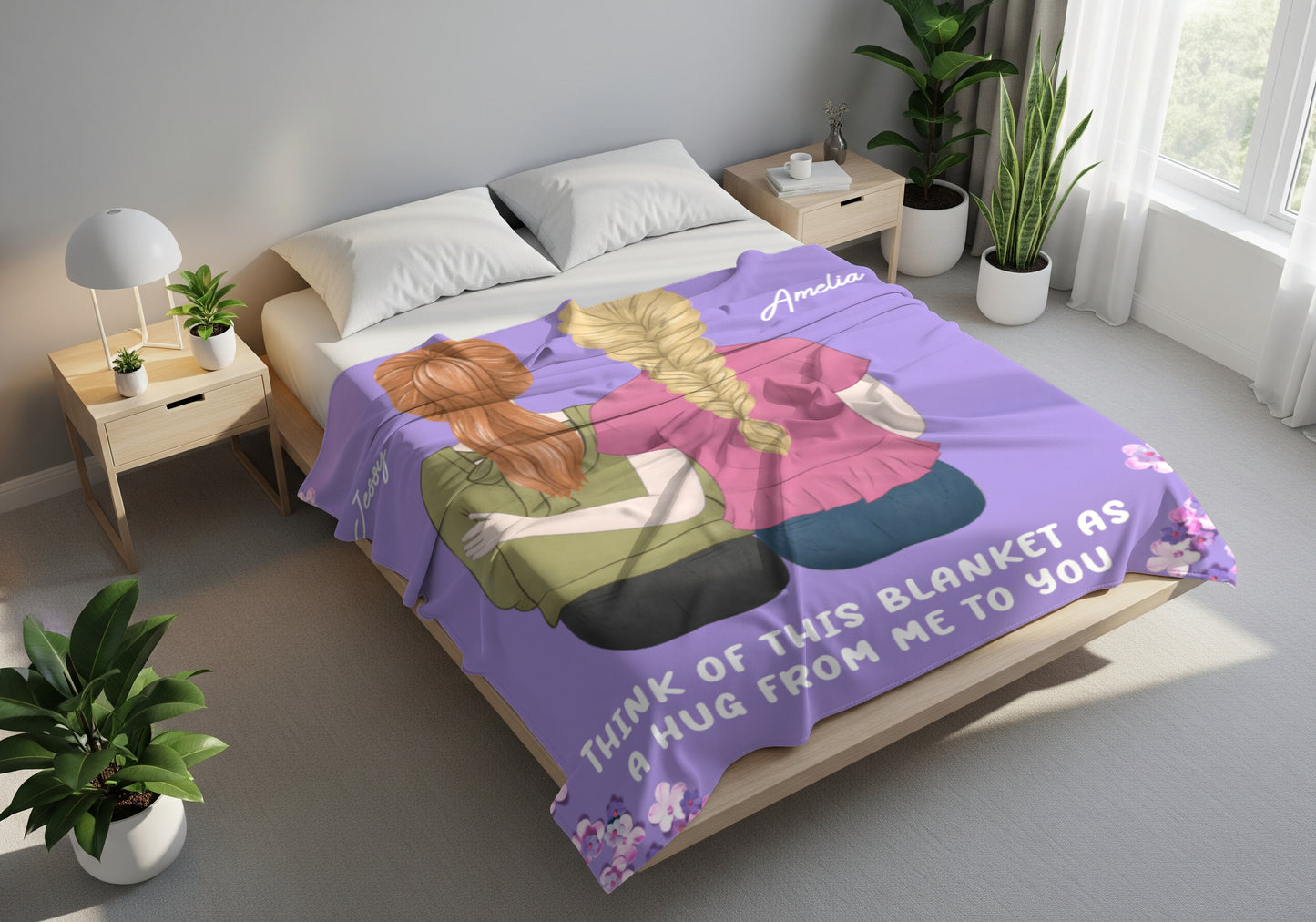 Personalized Sister & Bestie Hug Blanket | Custom Character Illustration with Names | Gift for Her