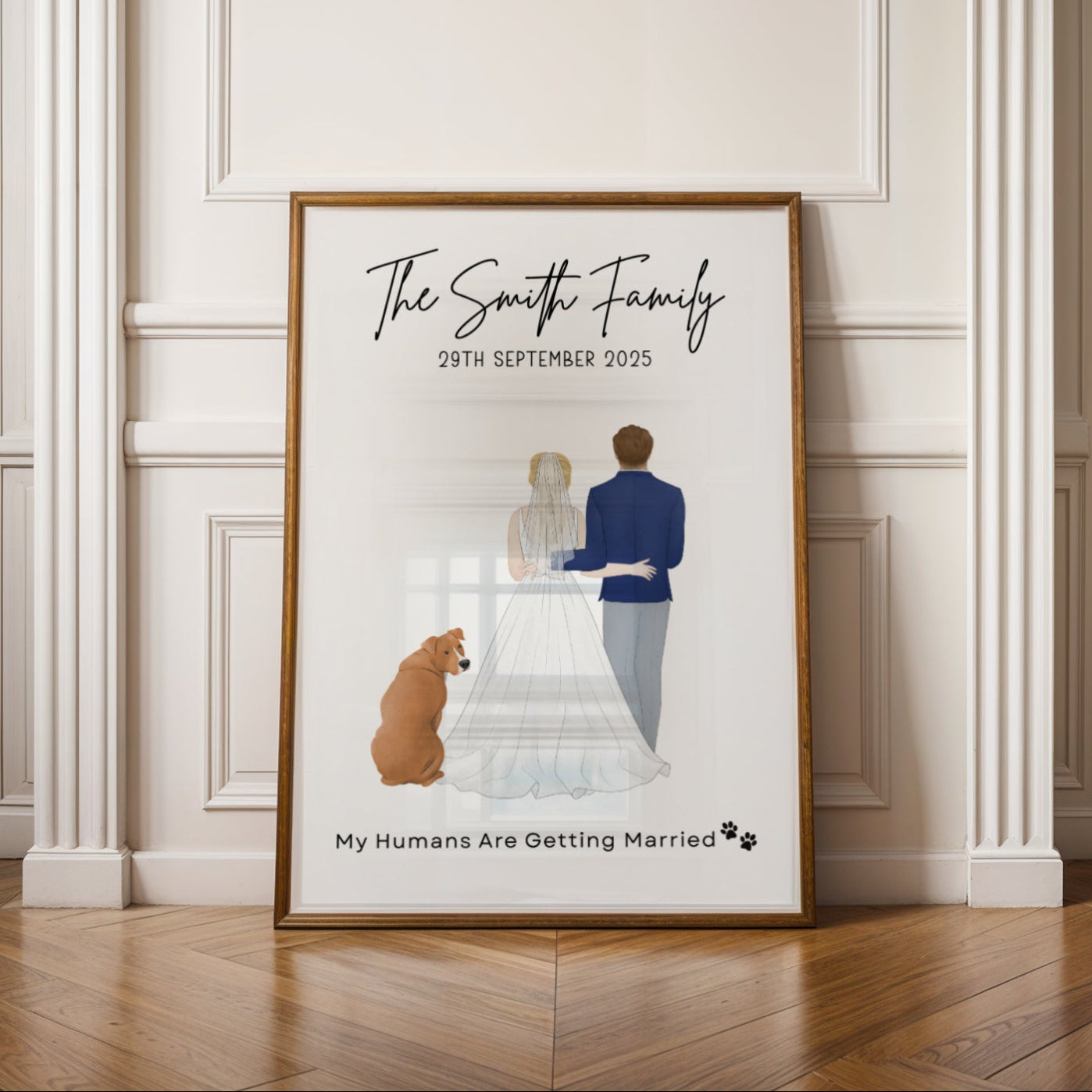Custom Wedding Couple Portrait with Dog | Personalized Bride & Groom Print
