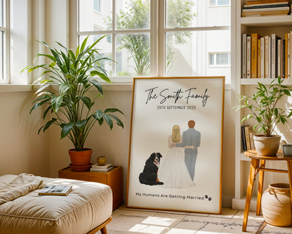 Custom Wedding Couple Portrait with Dog | Personalized Bride & Groom Print