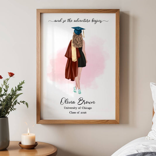 Personalized Graduation Portrait, Custom Diploma Illustration, Class of 2026 Gift, College Grad Print
