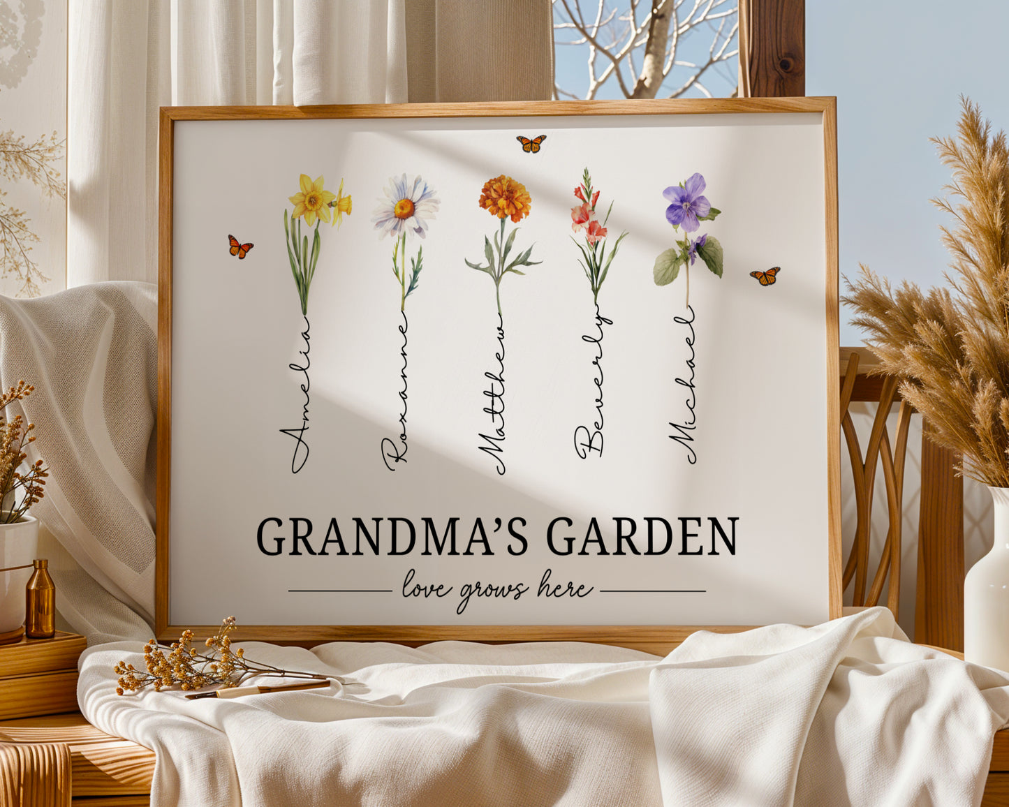 Mother's Garden Love Grows Here Watercolor Birth Month Flower - Personalized Poster/Canvas Prints - Gift For Grandma, Mom