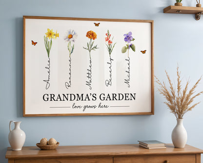 Mother's Garden Love Grows Here Watercolor Birth Month Flower - Personalized Poster/Canvas Prints - Gift For Grandma, Mom