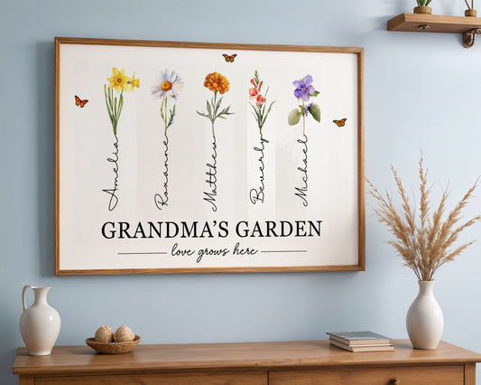 Mother's Garden Love Grows Here Watercolor Birth Month Flower - Personalized Poster/Canvas Prints - Gift For Grandma, Mom