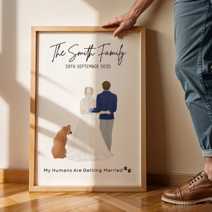 Custom Wedding Couple Portrait with Dog | Personalized Bride & Groom Print