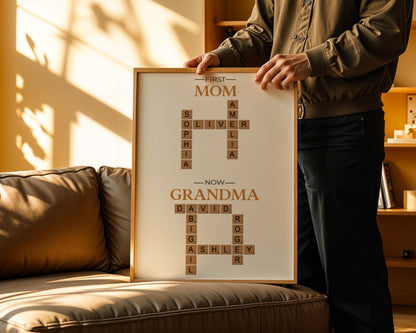 Personalized Grandma Crossword Canvas | Custom “First Mom Now Grandma” Scrabble Wall Art