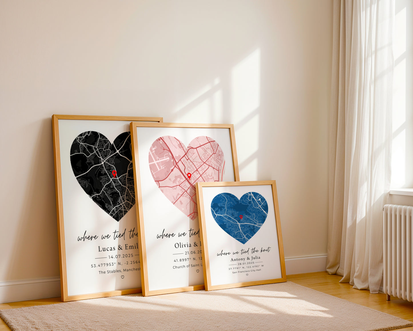 Personalized Wedding Map Print & Frame | Custom Couple Location Wall Art