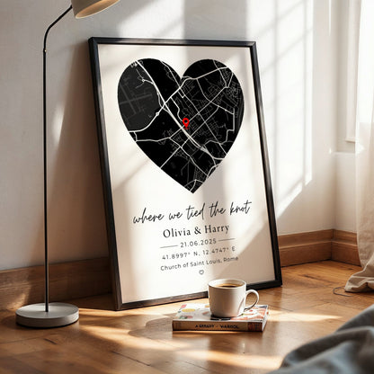Personalized Wedding Map Print & Frame | Custom Couple Location Wall Art