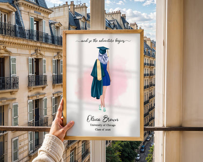 Personalized Graduation Portrait, Custom Diploma Illustration, Class of 2026 Gift, College Grad Print