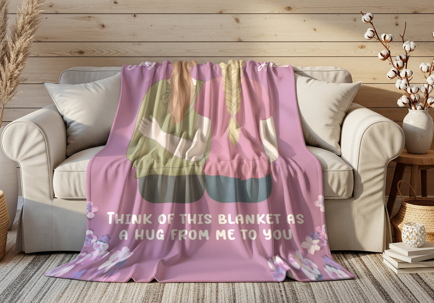 Personalized Sister & Bestie Hug Blanket | Custom Character Illustration with Names | Gift for Her
