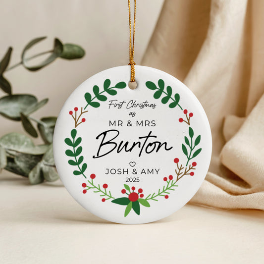 Personalized Mr & Mrs Christmas Ornament | Custom Newlywed Wedding Keepsake