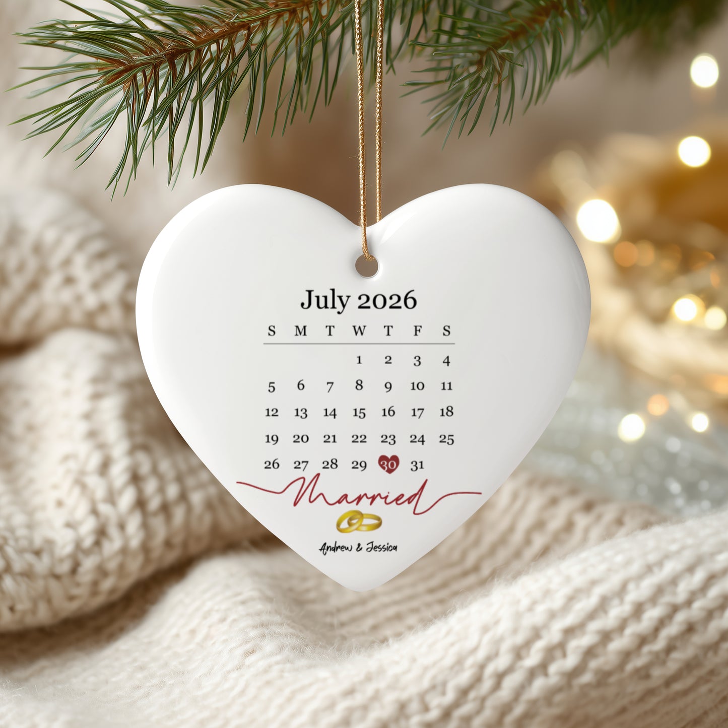 Personalized Married Calendar Date Ceramic Ornament | Custom Wedding Keepsake Gift