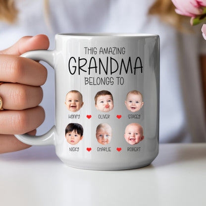Custom Grandpa, Grandma Mug with Grandkids' Faces: Personalized "Belongs To" Photo Coffee Cup (Up to 8 Kids) - Meaningful Father's Day or Birthday Gift