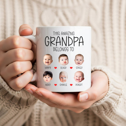 Custom Grandpa, Grandma Mug with Grandkids' Faces: Personalized "Belongs To" Photo Coffee Cup (Up to 8 Kids) - Meaningful Father's Day or Birthday Gift