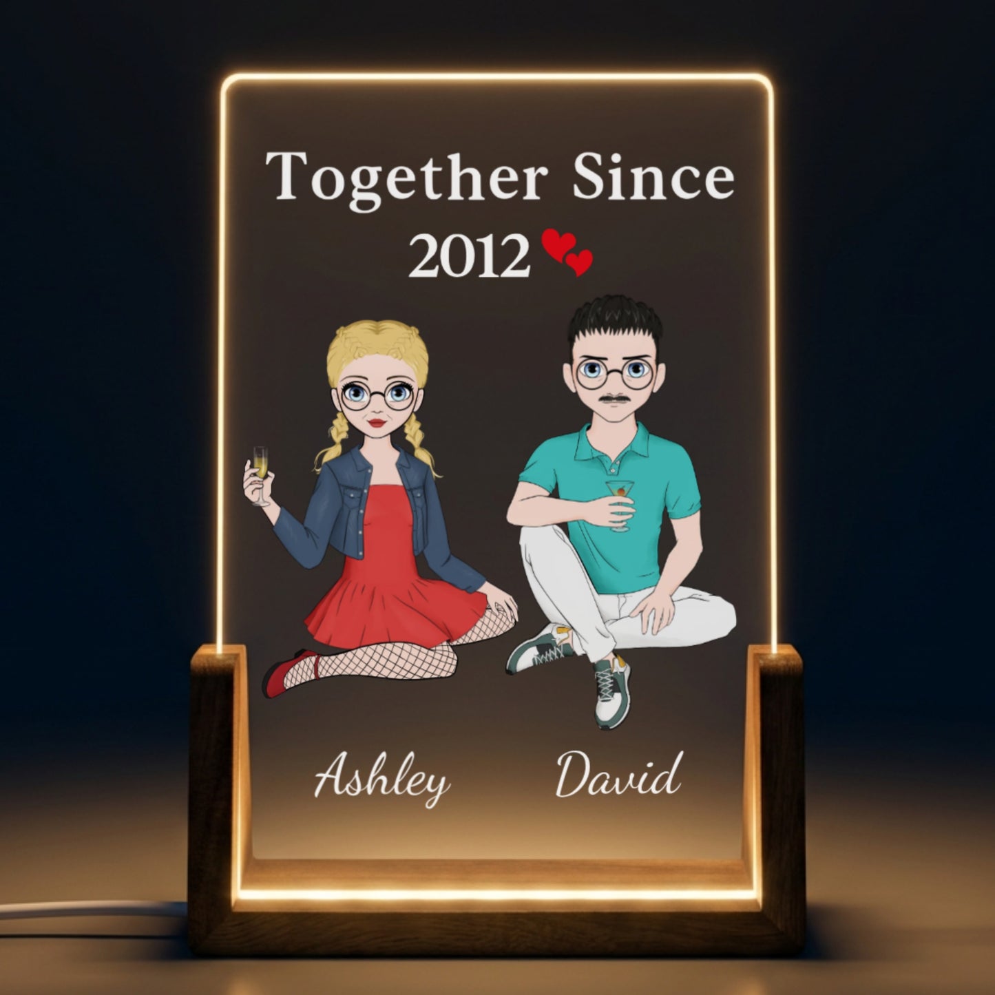 Together Since Couple Sitting - Personalized 3D Led Light Wooden Base - Valentine's Day Gift For Him/Her