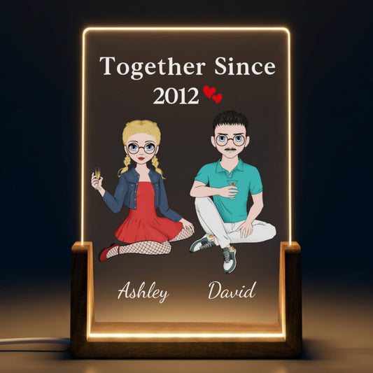 Together Since Couple Sitting - Personalized 3D Led Light Wooden Base - Valentine's Day Gift For Him/Her