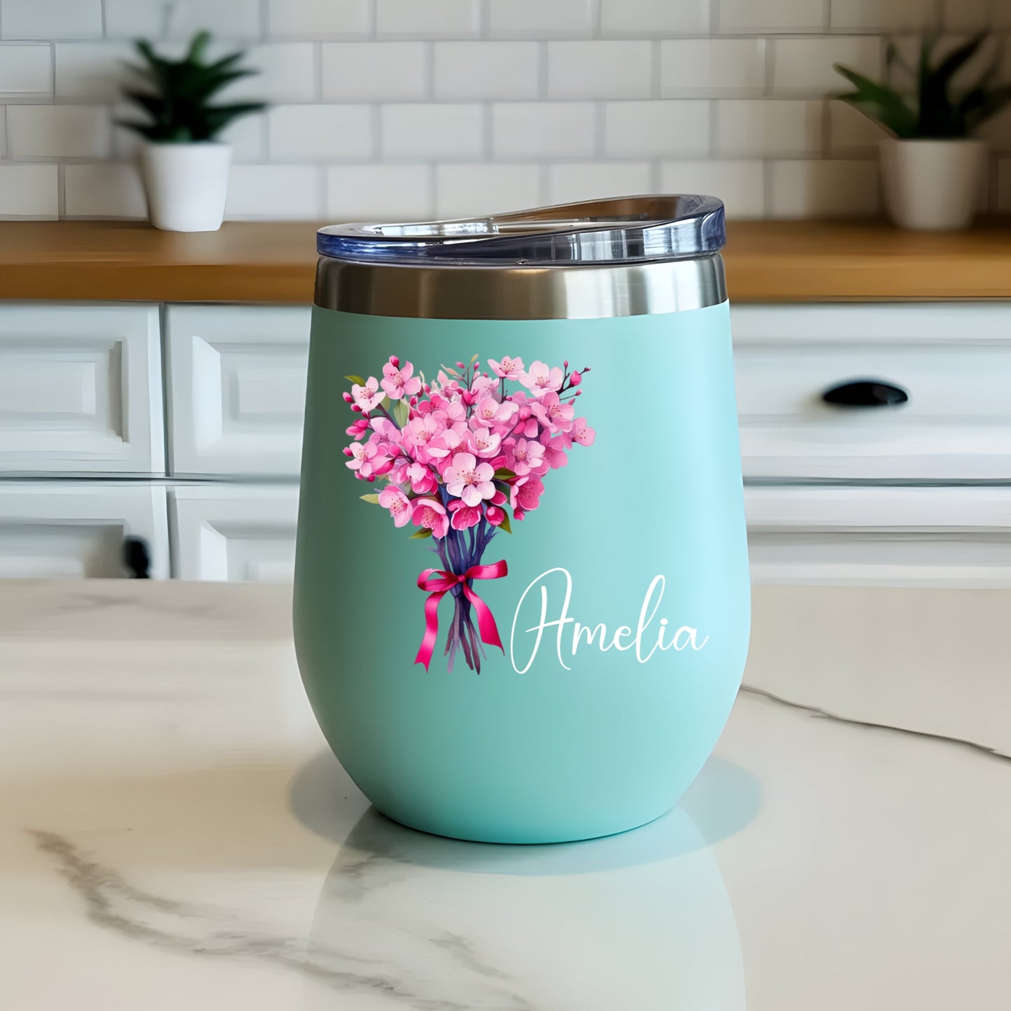 Personalized Birth Flower Wine Tumbler | Custom Name Tumbler Gift for Wife, Daughter & Sister