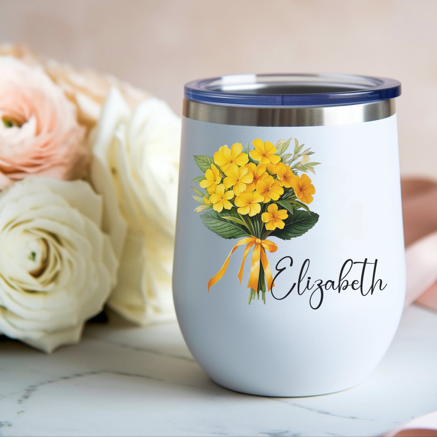 Personalized Birth Flower Wine Tumbler | Custom Name Tumbler Gift for Wife, Daughter & Sister