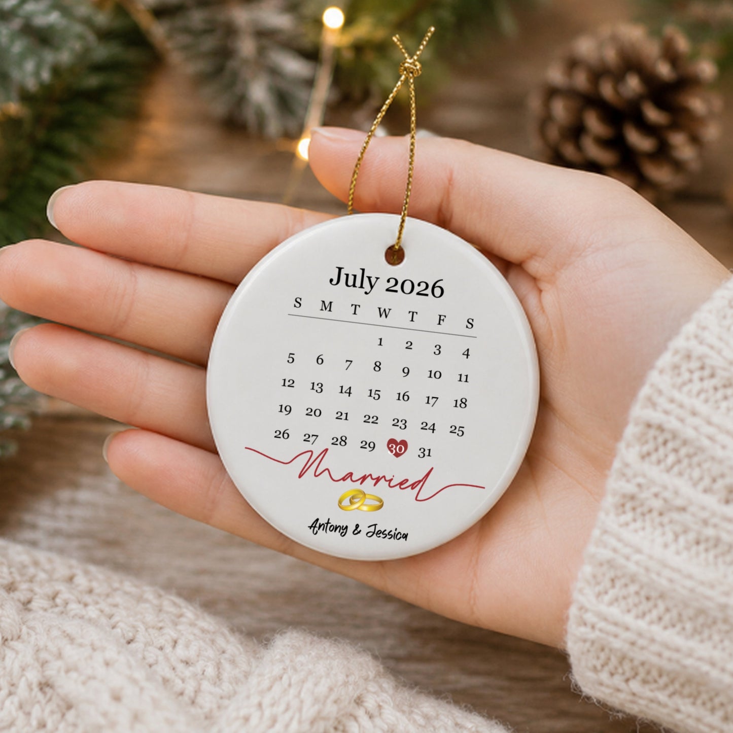 Personalized Married Calendar Date Ceramic Ornament | Custom Wedding Keepsake Gift Round