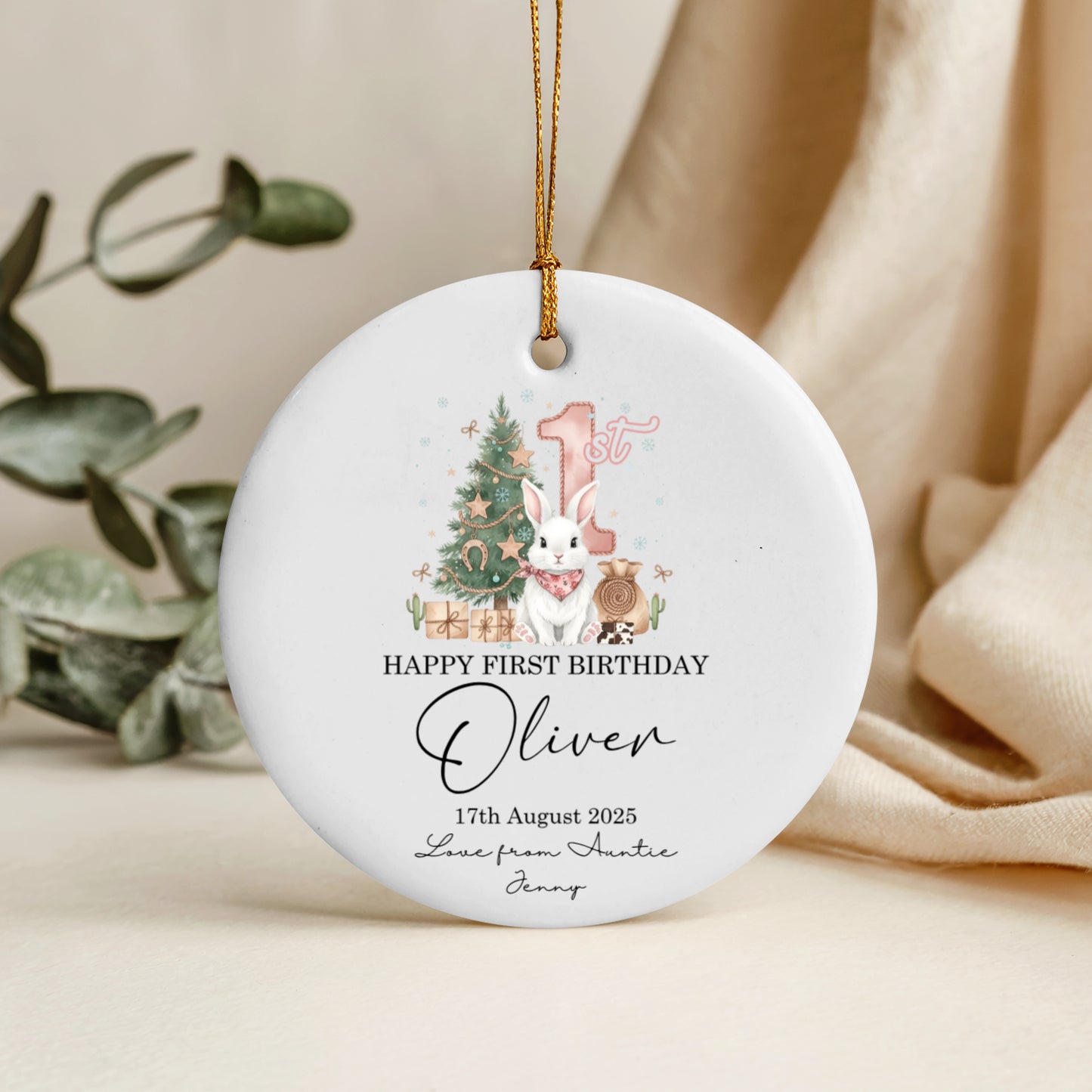 Personalized First Birthday Round Ornament Keepsake Gift With Animals