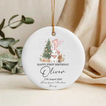 Personalized First Birthday Round Ornament Keepsake Gift With Animals