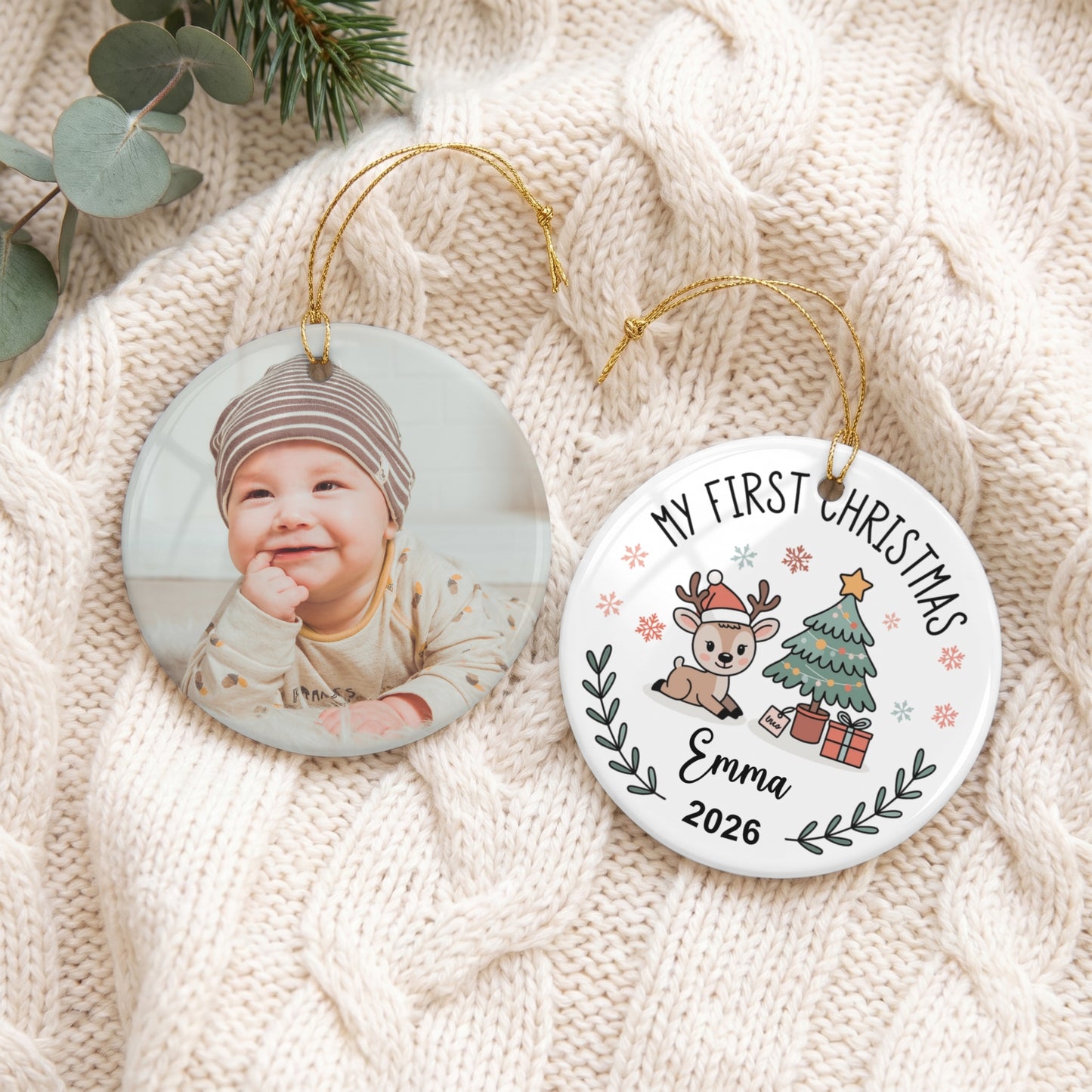 Personalized Photo My First Christmas Ornament | Custom Baby Name Circle Keepsake