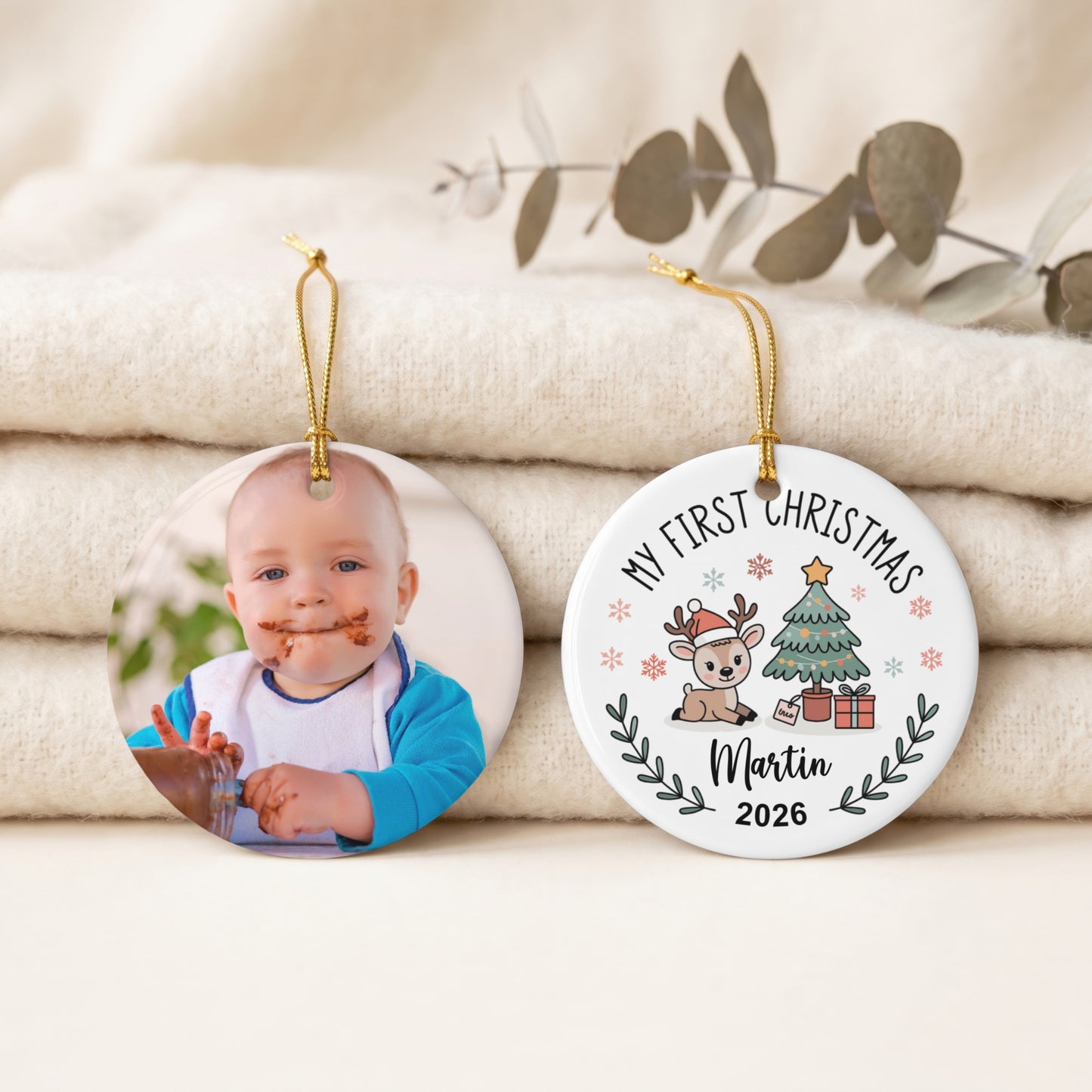 Personalized Photo My First Christmas Ornament | Custom Baby Name Circle Keepsake