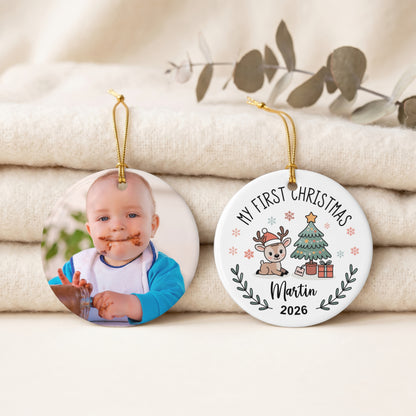 Personalized Photo My First Christmas Ornament | Custom Baby Name Circle Keepsake