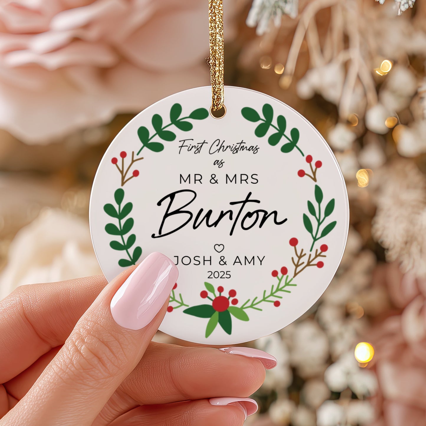 Personalized Mr & Mrs Christmas Ornament | Custom Newlywed Wedding Keepsake