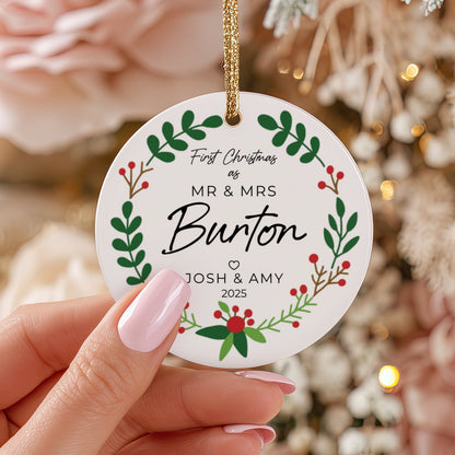 Personalized Mr & Mrs Christmas Ornament | Custom Newlywed Wedding Keepsake