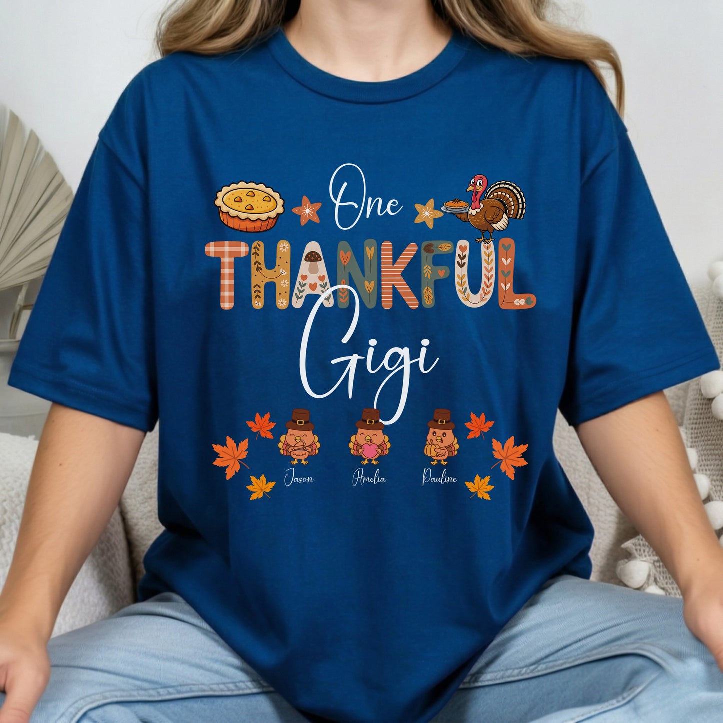 One Thankful Grandma Little Turkeys - Personalized Custom T Shirt - Thanksgiving, Birthday, Loving, Funny Gift for Grandma/Grandparent - Up to 10 Kids