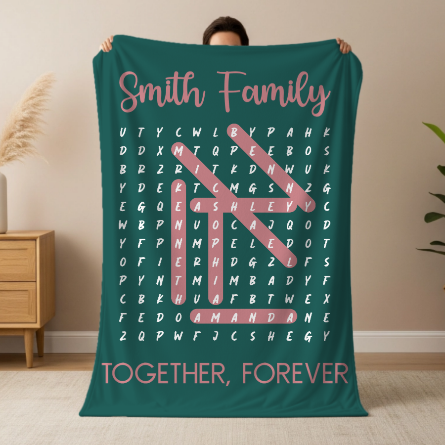 Custom Family Name Puzzle Blanket | Personalized Word Game Throw | Family Gift