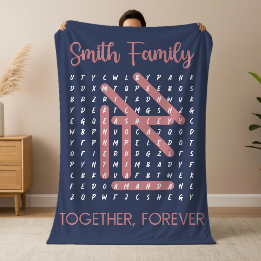 Custom Family Name Puzzle Blanket | Personalized Word Game Throw | Family Gift