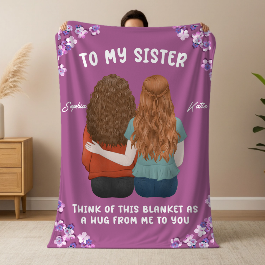 Personalized Sister & Bestie Hug Blanket | Custom Character Illustration with Names | Gift for Her