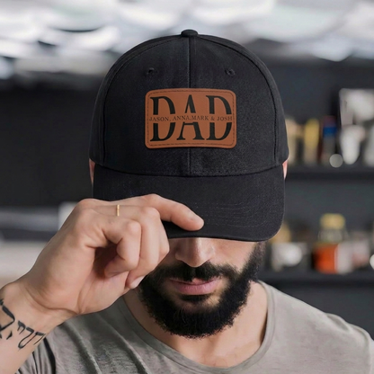 Custom Kids Name Dad Hat for Papas - Personalized Leather Patch Hat, Dad and Kids Trucker Hat - Father's Day Gift for Daddy, Dada, Grandpa