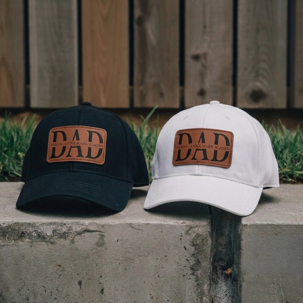 Custom Kids Name Dad Hat for Papas - Personalized Leather Patch Hat, Dad and Kids Trucker Hat - Father's Day Gift for Daddy, Dada, Grandpa